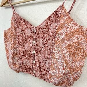 Cami Crop Top Linen Blend Boho Floral Print Tank Size Small Pink Red Hippie